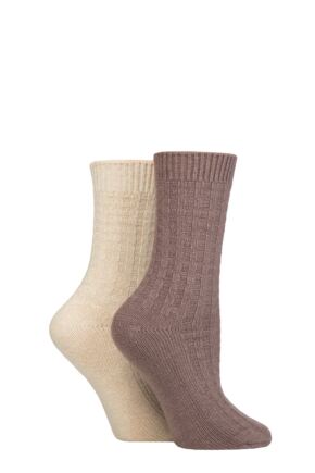 Ladies 2 Pack Pringle Cashmere and Merino Wool Blend Luxury Socks Basket Knit Light Beige / Taupe 4-8