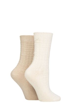 Ladies 2 Pack Pringle Cashmere and Merino Wool Blend Luxury Socks Basket Knit Snow / Beige 4-8