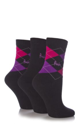 Ladies 3 Pair Pringle Louise Argyle Cotton Socks Black / Pinks