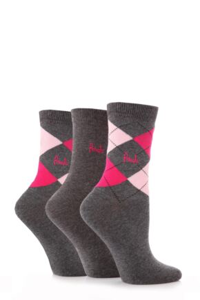 Ladies 3 Pair Pringle Louise Argyle Cotton Socks Charcoal / Pinks