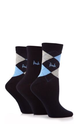 Ladies 3 Pair Pringle Louise Argyle Cotton Socks Navy