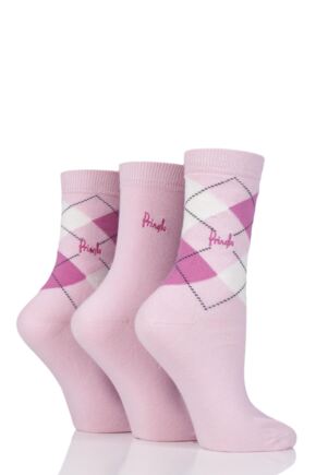 Ladies 3 Pair Pringle Louise Argyle Cotton Socks Pinks