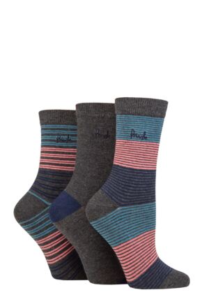 Ladies 3 Pair Pringle Patterned Cotton Socks Charcoal Stripe 4-8 Ladies