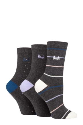 Ladies 3 Pair Pringle Patterned Cotton Socks Charcoal Fine Stripe and Dots 4-8 Ladies