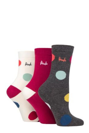 Ladies 3 Pair Pringle Patterned Cotton Socks Charcoal Large Polka Dots 4-8 Ladies