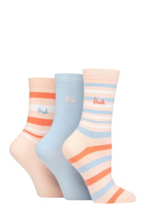 Ladies 3 Pair Pringle Patterned Cotton and Recycled Polyester Socks Stripes Pink 4-8