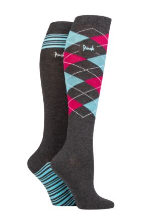 Ladies 2 Pair Pringle Country and Equestrian Cotton Knee High Socks Argyle / Stripe Charcoal 4-8 Ladies