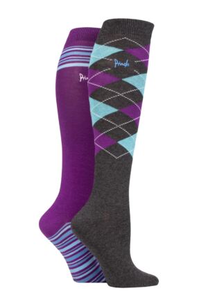 Ladies 2 Pair Pringle Country and Equestrian Cotton Knee High Socks Argyle / Stripe Purple 4-8 Ladies