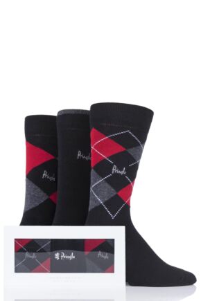 Mens 3 Pair Pringle Argyle and Plain Gift Boxed Cotton Socks