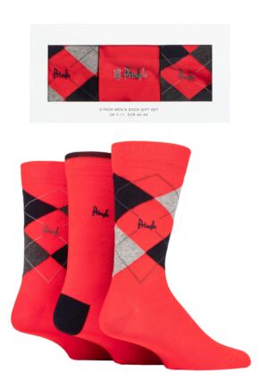 Mens 3 Pair Pringle Argyle and Plain Gift Boxed Cotton Socks Red 7-11 Mens