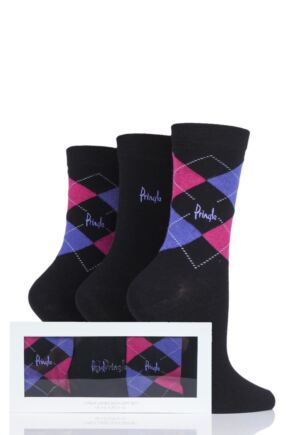 Ladies 3 Pair Pringle Gift Boxed Louise Plain and Argyle Cotton Socks