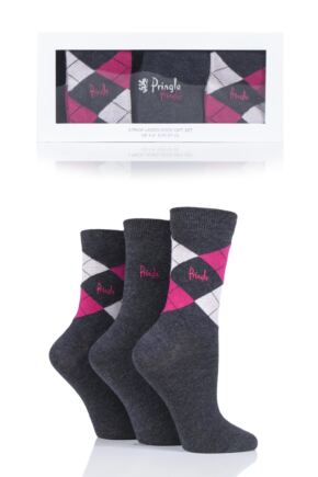 Ladies 3 Pair Pringle Gift Boxed Louise Plain and Argyle Cotton Socks