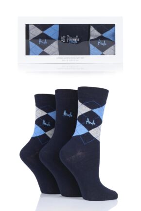 Ladies 3 Pair Pringle Gift Boxed Louise Plain and Argyle Cotton Socks