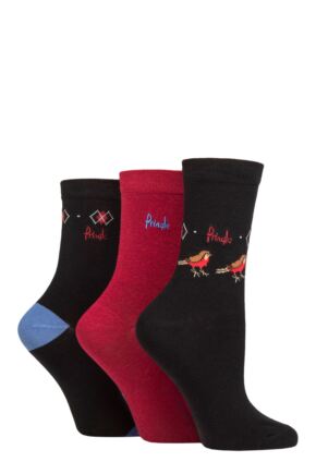 Ladies 3 Pair Pringle Christmas Robin Cotton Socks with Gift Tag