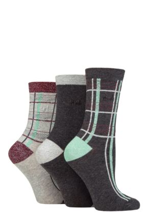 Ladies 3 Pair Pringle Tartan Cotton Lurex Socks with Gift Tag