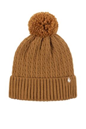 Ladies 1 Pack Heat Holders Ellery Cable Turnover Cuff Pom Pom Hat Mustard One Size