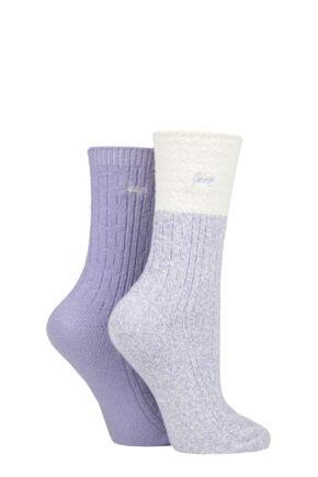 Ladies 2 Pair Jeep Super Soft Cable Knit Boot Socks Lilac / Cream 4-8 Ladies