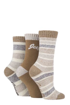 Ladies 3 Pair Jeep Striped Performance Cushioned Boot Socks Tan / Cream 4-8 Ladies