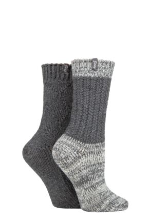 Ladies 2 Pair Jeep Wool Blend Cable Knit Boot Socks Charcoal / Cream 4-8 Ladies
