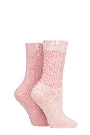 Ladies 2 Pair Jeep Wool Blend Cable Knit Boot Socks Rose / Cream 4-8 Ladies