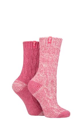 Ladies 2 Pair Jeep Wool Rope Knit Boot Socks Cerise / Cream 4-8 Ladies