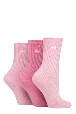 Ladies 3 Pair Jeep Bamboo Scalloped Top Socks Cerise / Cream 4-8 Ladies