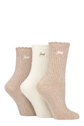 Ladies 3 Pair Jeep Bamboo Scalloped Top Socks Taupe / Cream 4-8 Ladies