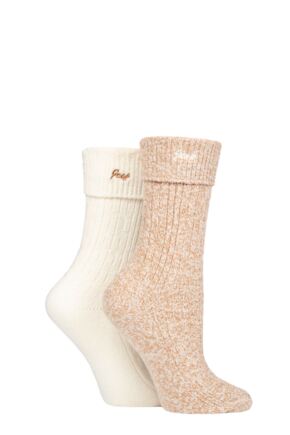 Ladies 2 Pair Jeep Super Soft Turn Over Top Polyester Boot Socks Taupe / Cream 4-8 Ladies