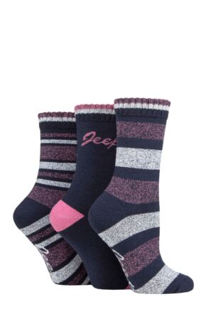 Ladies 3 Pair Jeep Performance Full Cushion Striped Boot Socks Navy / Rose / Cream 4-8 Ladies