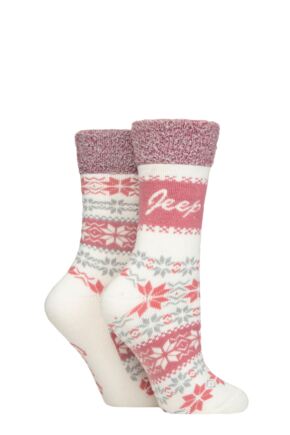 Ladies 2 Pair Jeep Fairisle Thermal Soft Top Boot Socks Cream / Rose 4-8