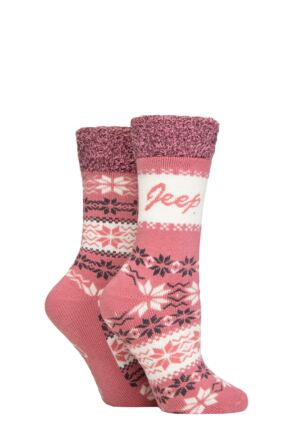 Ladies 2 Pair Jeep Fairisle Thermal Soft Top Boot Socks Rose / Slate 4-8