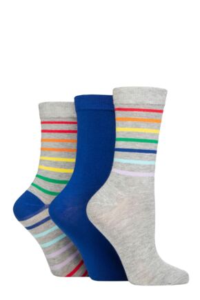 Ladies 3 Pair SOCKSHOP Wildfeet Patterned Bamboo Socks Rainbow Stripe Grey 4-8