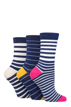 Ladies 3 Pair SOCKSHOP Wildfeet Patterned Bamboo Socks Stripe Navy 4-8 Ladies