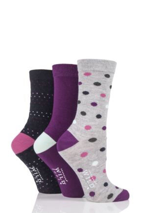 Ladies 3 Pair SOCKSHOP Wild Feet Dots and Plain Bamboo Socks