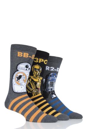 Mens SOCKSHOP 3 Pair Star Wars R2-D2, C-3PO and BB-8 Droids Pack Cotton Socks