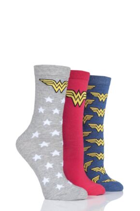 Ladies SOCKSHOP 3 Pair Wonder Woman Logo Cotton Socks