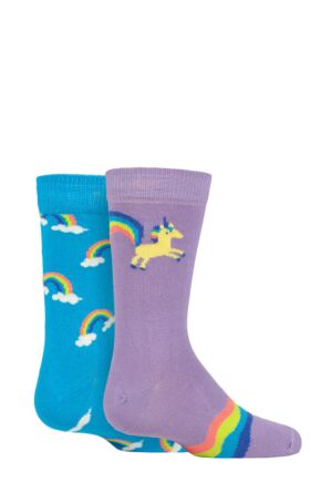 Kids 2 Pair Happy Socks Unicorn & Rainbow Socks