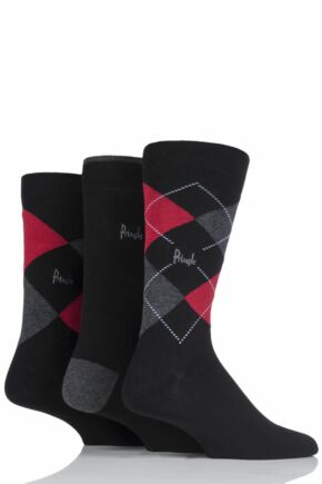 Mens 3 Pair Pringle New Waverley Argyle Patterned and Plain Socks Black / Red / Grey 12-14 Mens