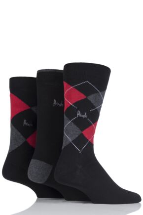 Mens 3 Pair Pringle New Waverley Argyle Patterned and Plain Socks Black / Red / Grey