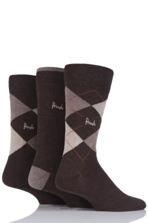 Mens 3 Pair Pringle New Waverley Argyle Patterned and Plain Socks Browns