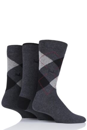 Mens 3 Pair Pringle New Waverley Argyle Patterned and Plain Socks Charcoal