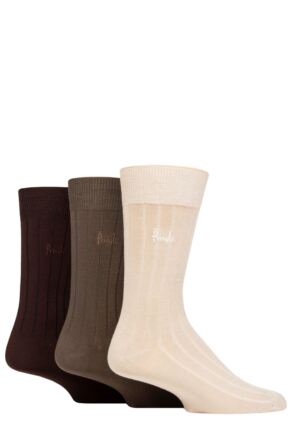 Mens 3 Pair Pringle Ribbed Bamboo Socks Beige 7-11 Mens