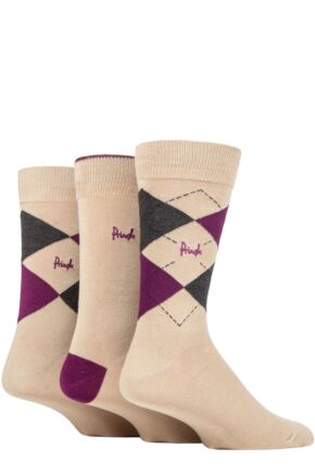 Mens 3 Pair Pringle Bamboo Cotton Blend Argyle Socks Beige / Wine / Charcoal 7-11