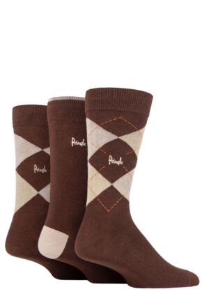 Mens 3 Pair Pringle Bamboo Cotton Blend Argyle Socks Brown / Beige / Light Brown 7-11