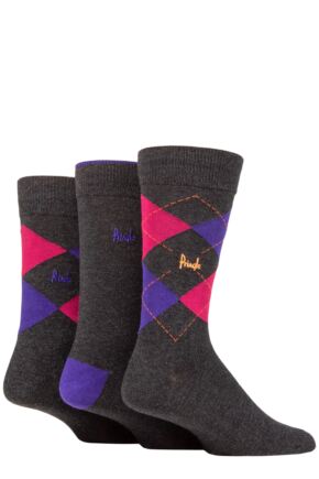 Mens 3 Pair Pringle Bamboo Cotton Blend Argyle Socks Charcoal / Pink / Purple  7-11