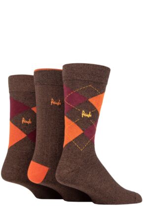 Mens 3 Pair Pringle Bamboo Cotton Blend Argyle Socks Brown / Orange / Wine 7-11