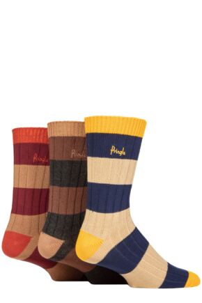 Mens 3 Pair Pringle Bamboo Leisure Socks Stripes Navy / Beige 7-11