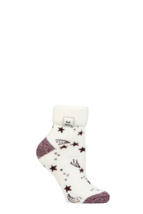 Ladies 1 Pair SOCKSHOP Heat Holders Turn Over Cuff Sleep Lite Socks Ivory / Cabernet Stars 4-8