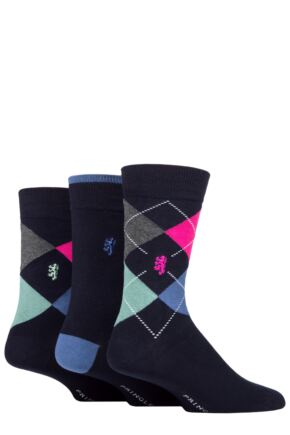 Mens 3 Pair Pringle Black Label Bamboo Patterned, Argyle and Striped Socks