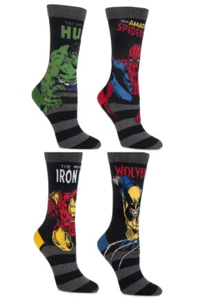 Kids 4 Pair SockShop Marvel Comics Mix Hulk, Spider-Man, Iron Man & Wolverine Socks